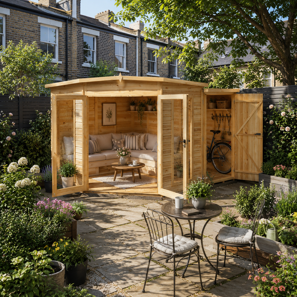 Shire Barclay With Side Shed 8x12 Corner Summerhouse 12mm Interlock Cladding